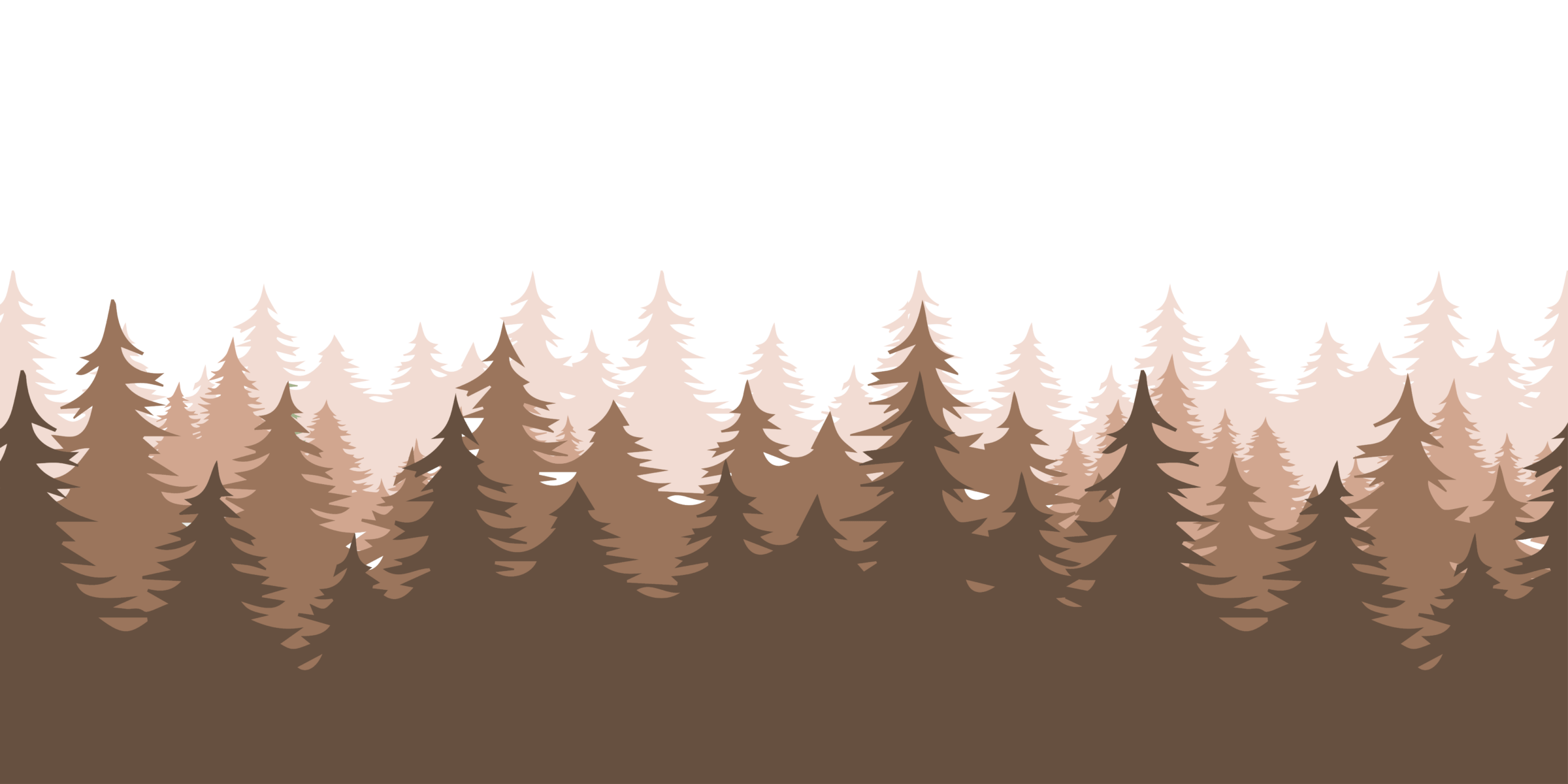 Silhouettes of evergreen trees fill the image, creating a layered pattern with varying shades of brown and green, against a white background.