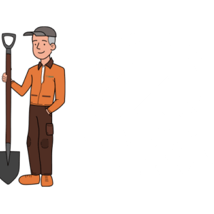 A cartoon person with a shovel stands next to a WRX logo featuring stylized mountains, wearing an orange jacket and brown pants.