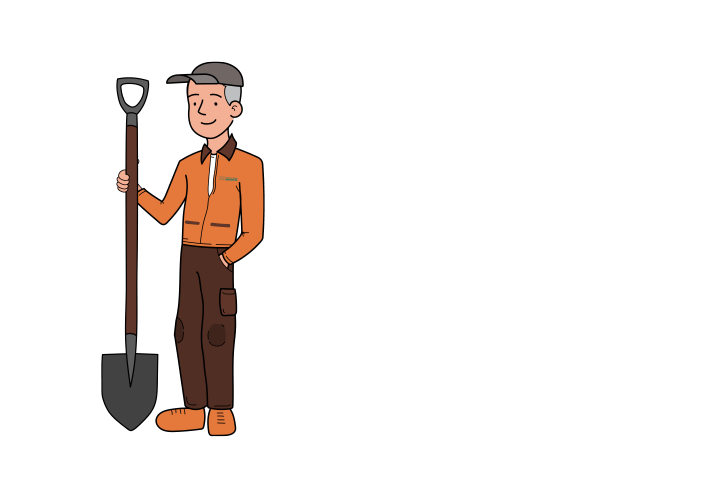 A cartoon person with a shovel stands next to a WRX logo featuring stylized mountains, wearing an orange jacket and brown pants.