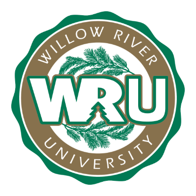 Willow River University logo with pine branches encircling the green and white WRU initials, set against a brown circular background.