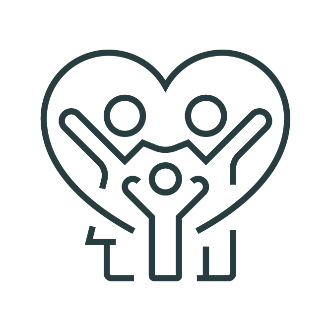 Three abstract figures with raised arms form a heart shape, symbolizing unity and togetherness. Simple, black line art on a white background.