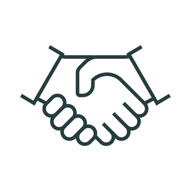Two outlined hands are shaking, symbolizing agreement or partnership. The minimalist design conveys unity and cooperation effectively, without additional elements or landmarks.