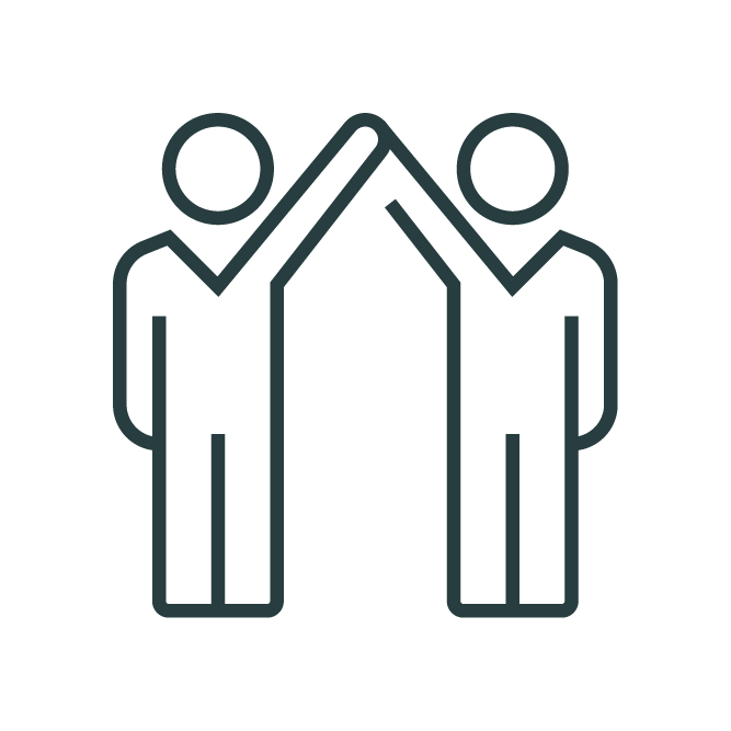 Two stick figure people giving a high-five, symbolizing teamwork or celebration, depicted in a simple line drawing style on a plain background.