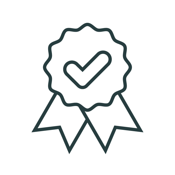 Icon of an award ribbon with two tails. Features a checkmark inside a scalloped circular shape, symbolizing achievement, success, or certification.