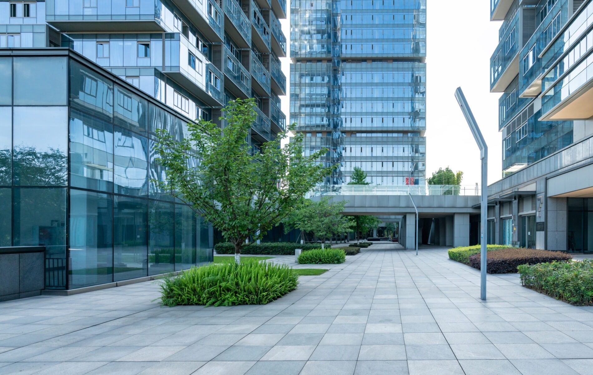 Modern courtyard with glass buildings, trees, and paved walkway. Tall structures surround the area, creating a calm and orderly urban landscape.