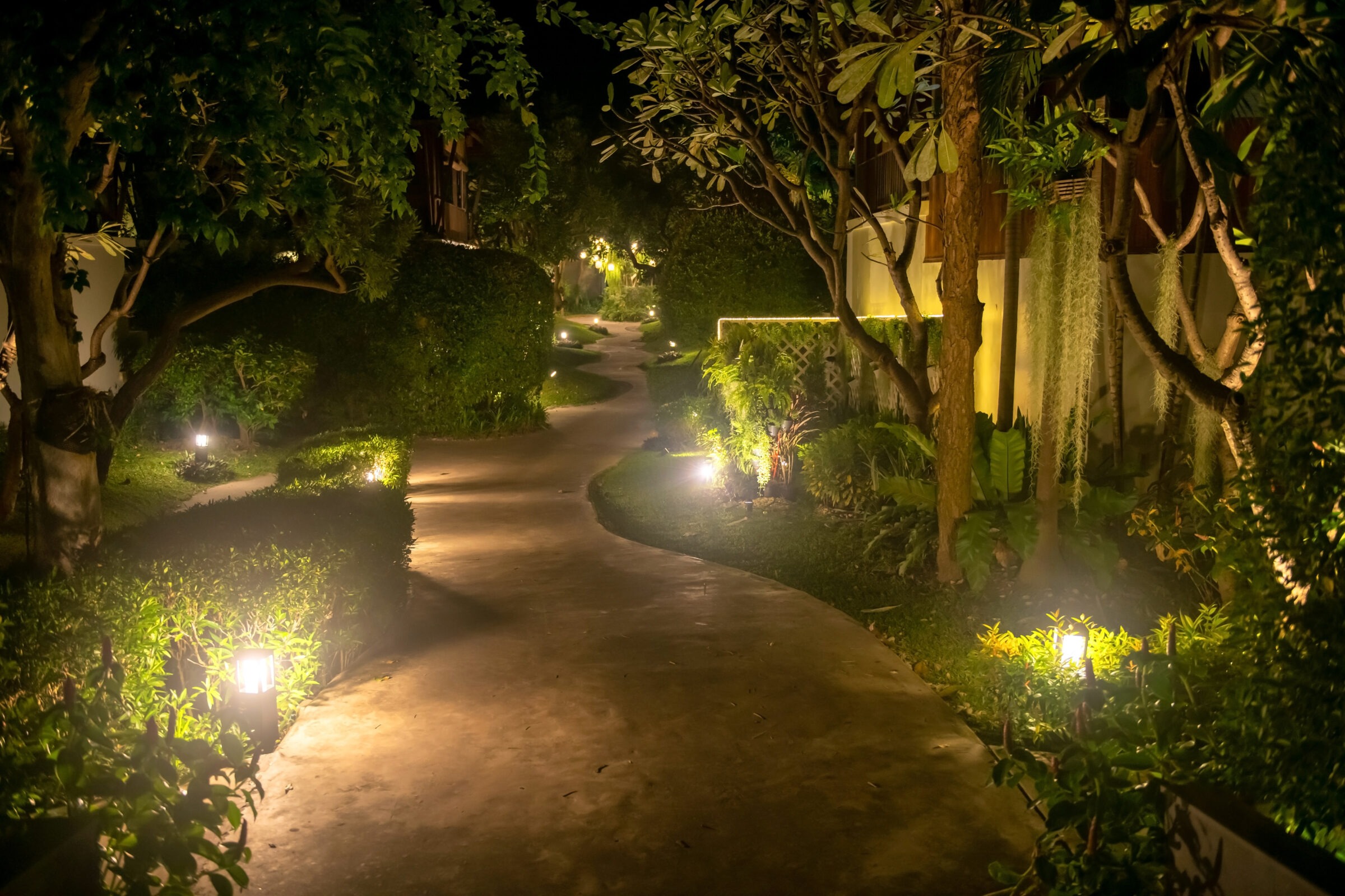 Illuminated garden walkway surrounded by lush greenery and trees at night, creating a serene and inviting atmosphere with glowing path lights.