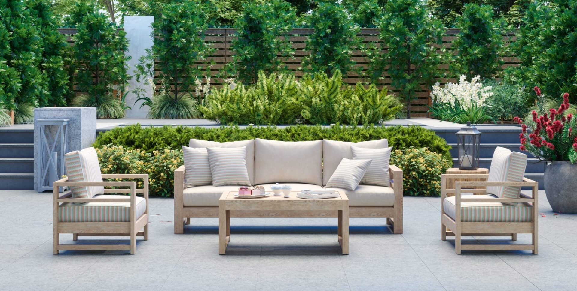Modern patio set with wooden furniture, beige cushions, and coffee table. Surrounded by lush greenery, decorative plants, and contemporary garden design.