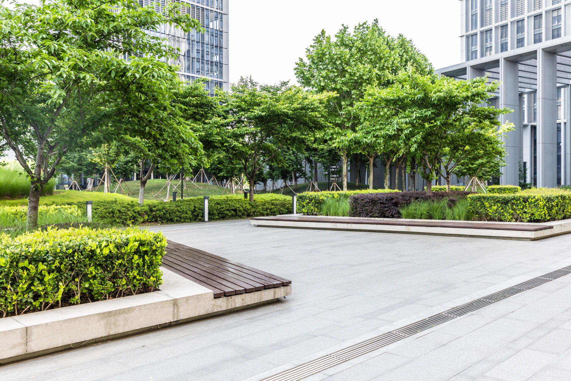 Modern plaza with neatly landscaped greenery and benches. Tall glass buildings surround the area, offering a serene urban oasis amidst the city hustle.