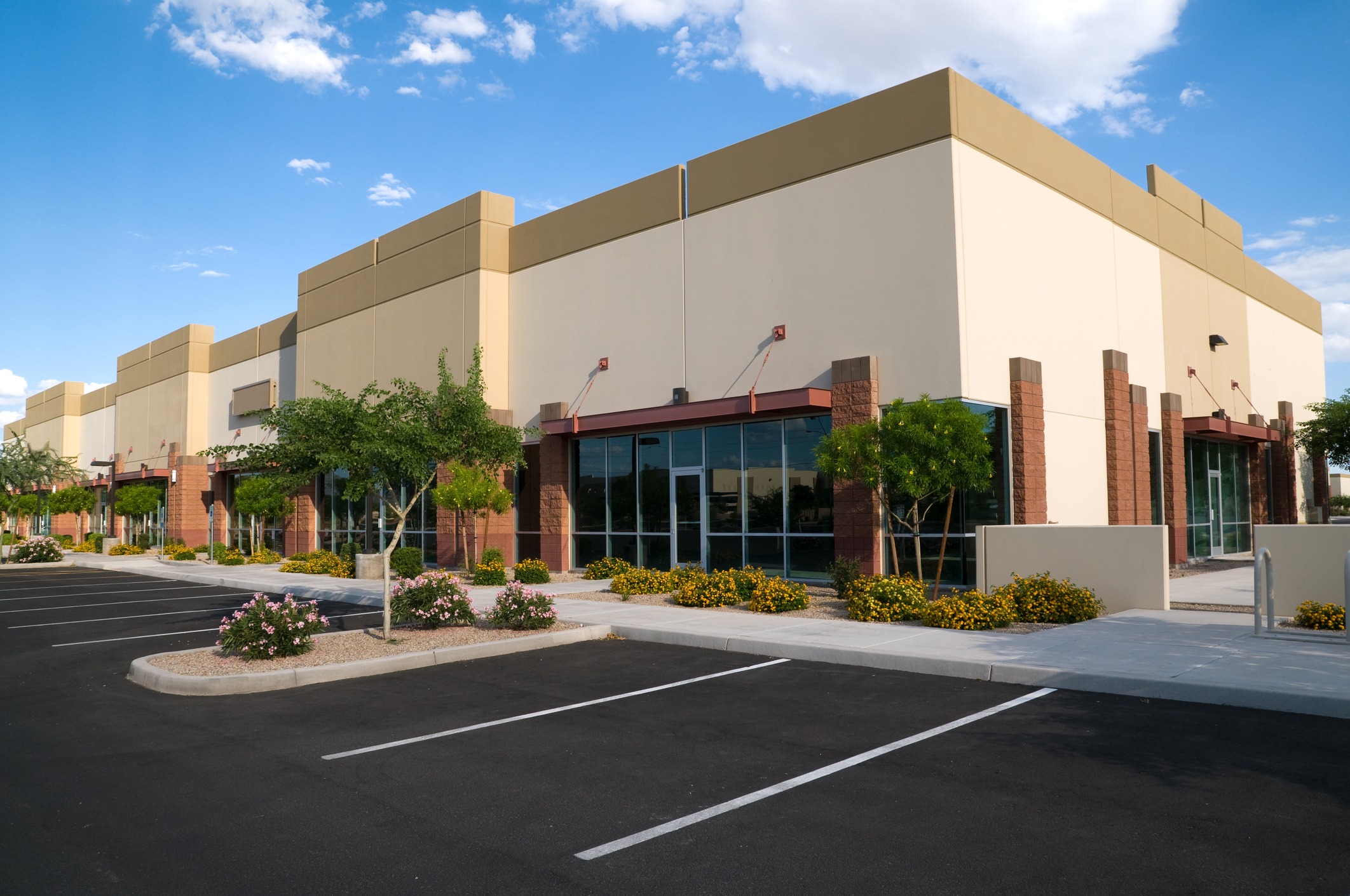 Modern commercial building with large windows, surrounded by trees and flowers, located in a parking lot under a clear blue sky.