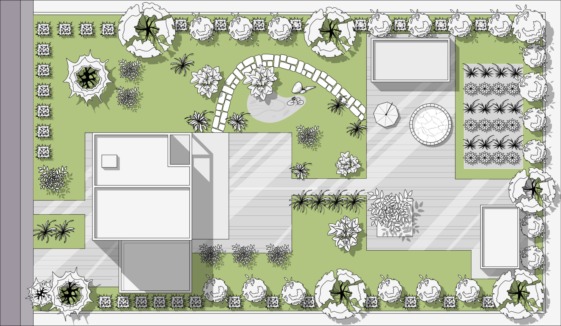 Aerial view of a well-organized garden layout with pathways, trees, plants, and seating areas surrounding a central building structure.