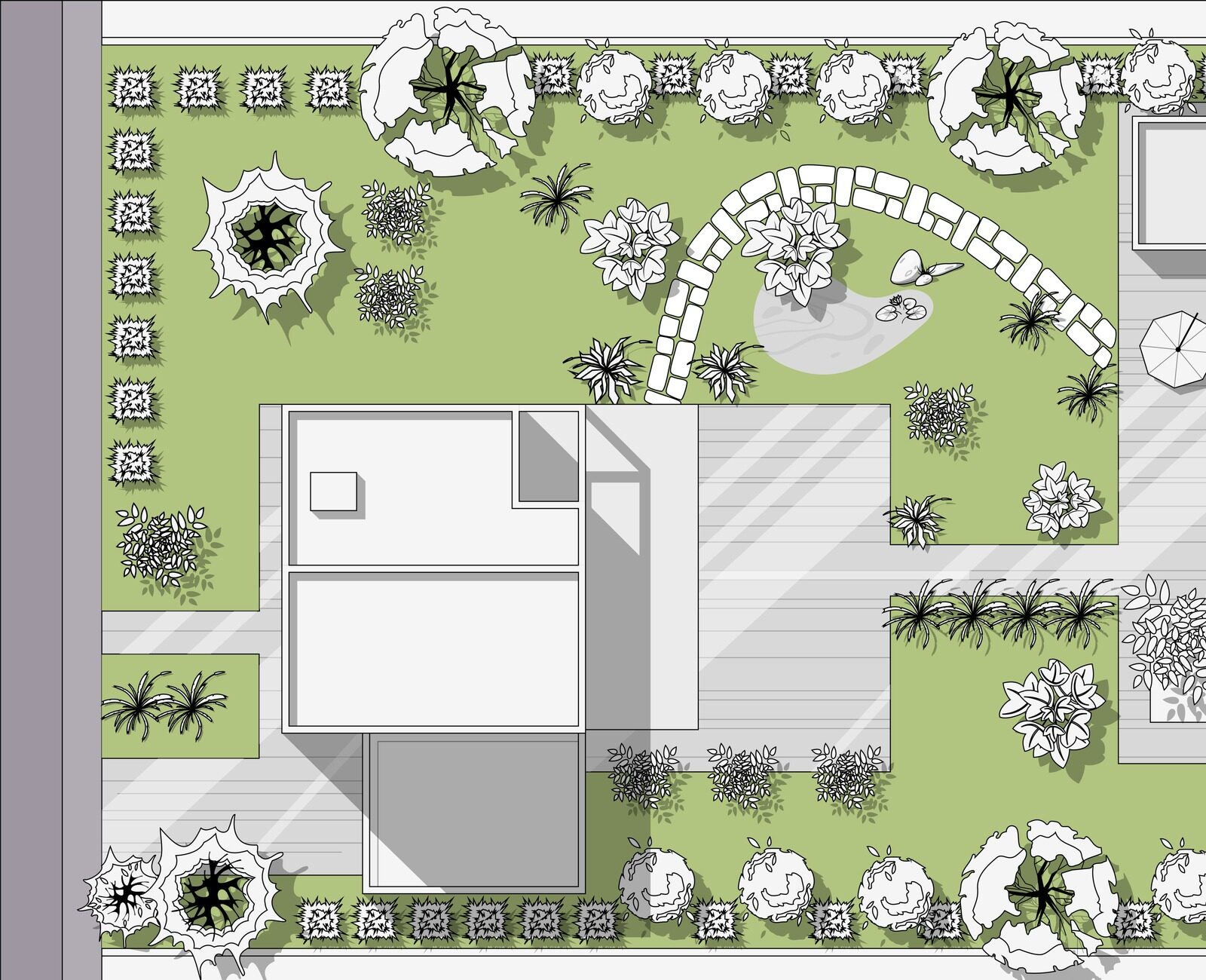 Aerial view of a well-organized garden layout with pathways, trees, plants, and seating areas surrounding a central building structure.