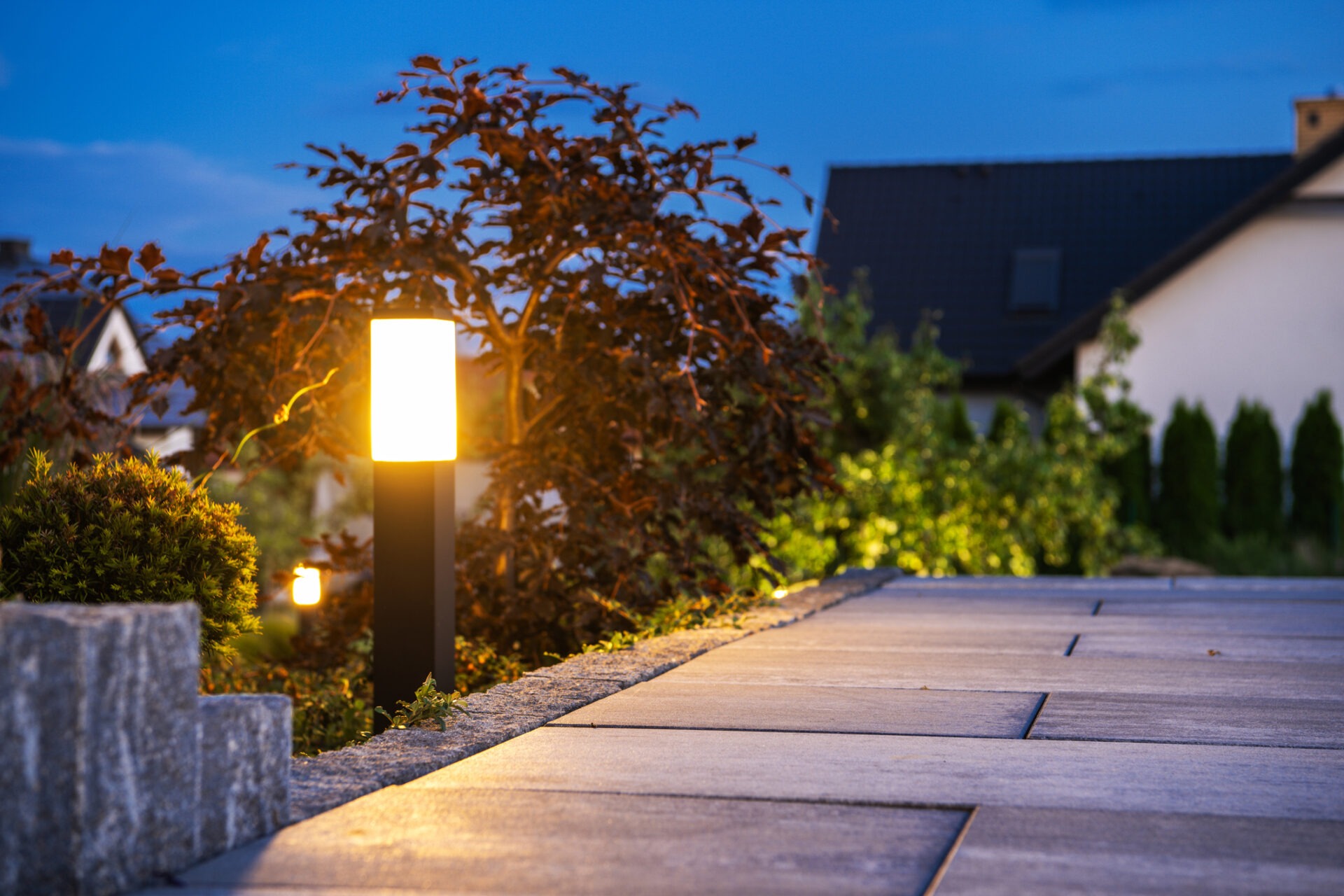 Illuminated garden path with glowing lights, bordered by lush plants and shrubs, leading to suburban houses under an evening sky.