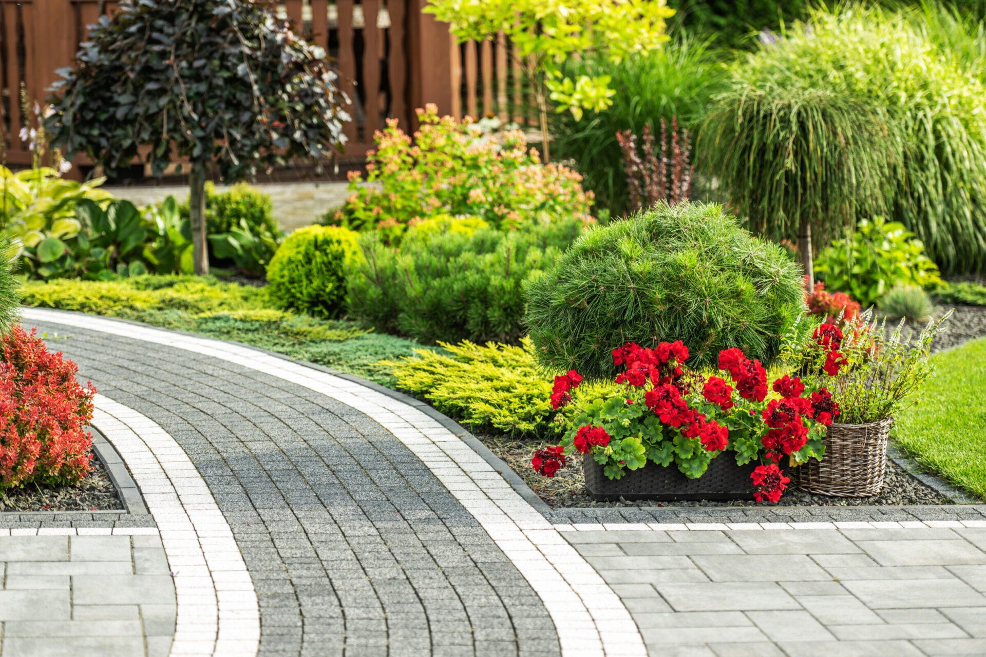A well-maintained garden with vibrant red flowers, lush greenery, and a curved stone path, creating a peaceful and inviting outdoor space.