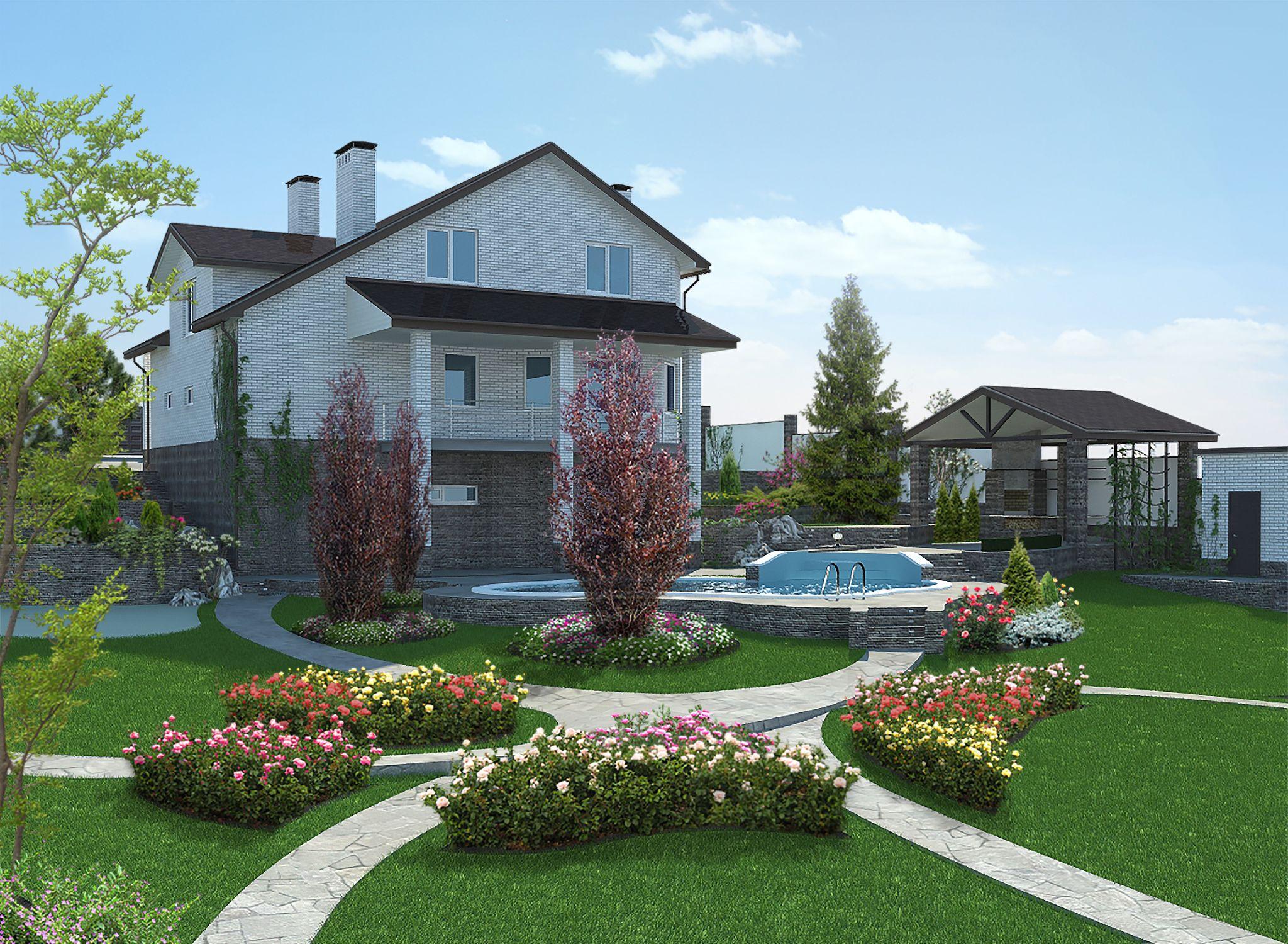 3D rendered landscape design with curved pathways, flower beds, pool, and gazebo